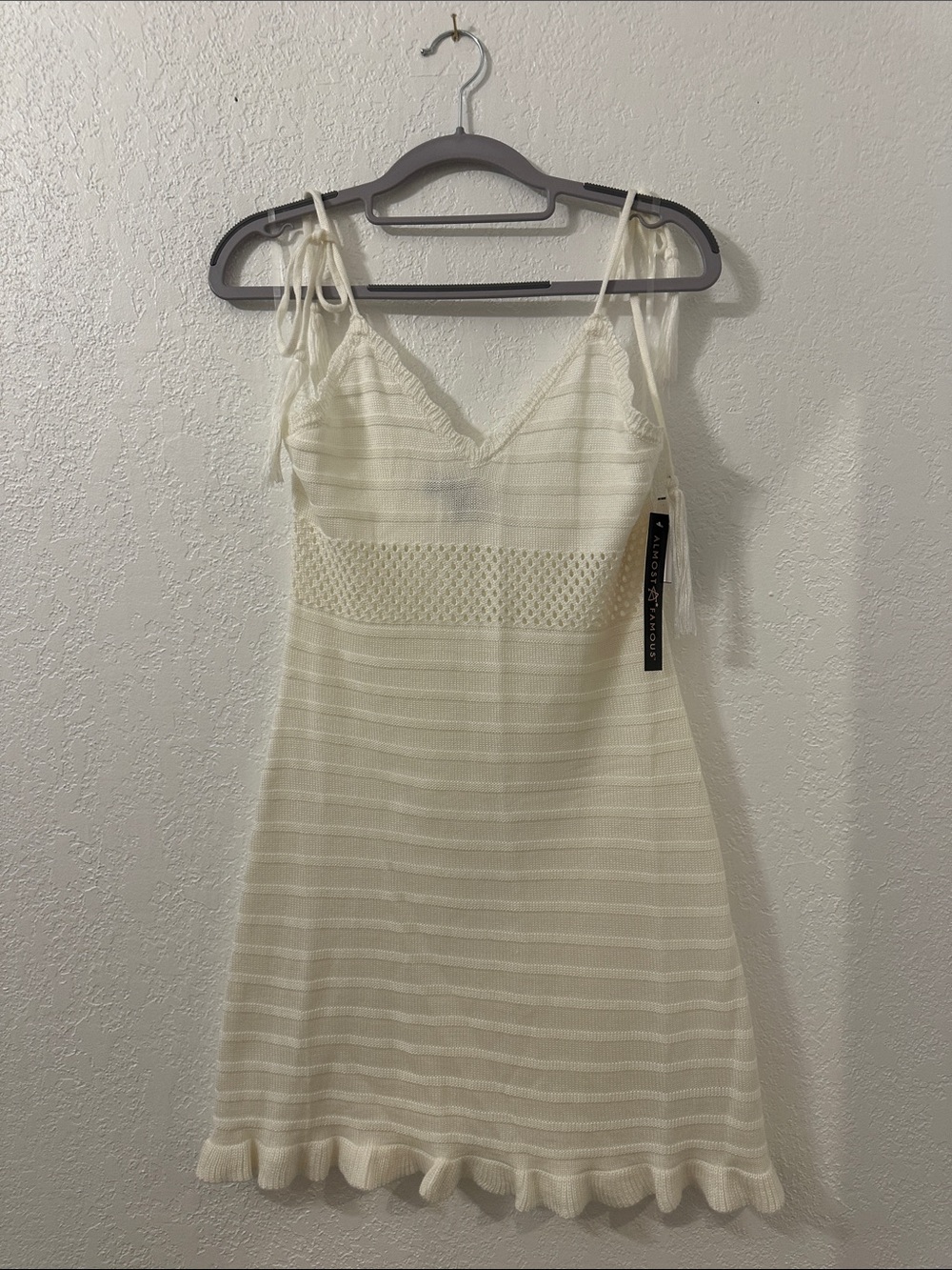 Almost Famous Ivory Crochet Knit V-Neck Sweater Tank Dress